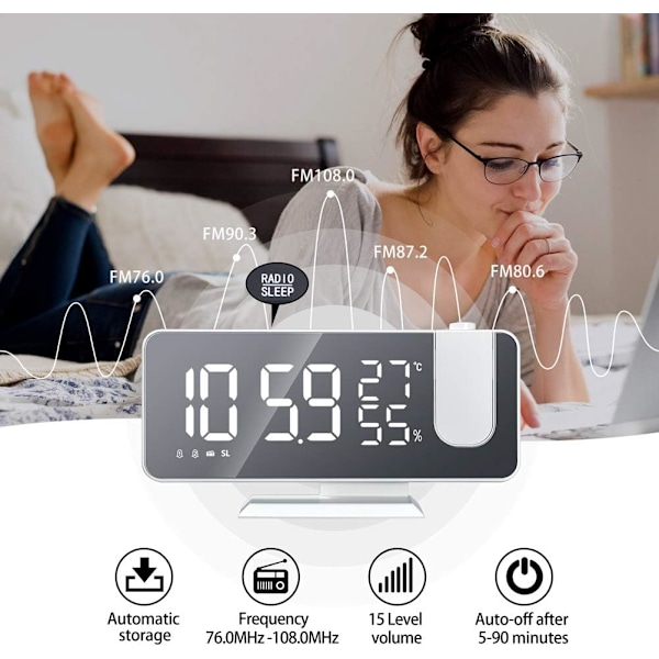 Projektionsväckarklocka, LED-väckarklocka digital med projektion 180° Radioväckarklocka Projektionsklocka Spegel Dubbel väckarklocka med Snooze Auto