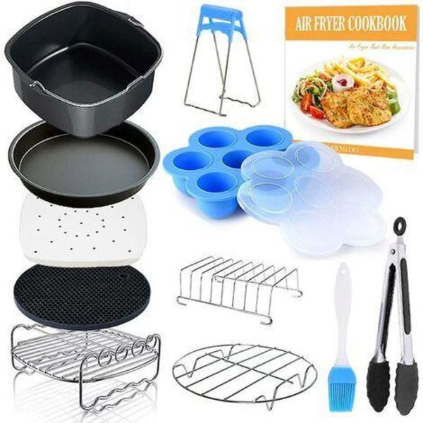 11-delars fyrkantiga Air Fryer-tillbehör med receptbok, kompatibel med Philips Air Fryer, Cosori och andra fyrkantiga Airfryers och ugnar, Deluxe Deep Fry
