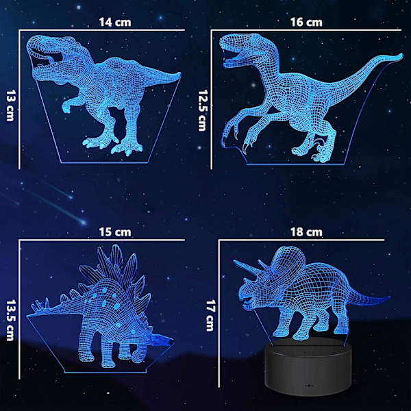 Dinosaurienattlampa, 3D dinosaurielampa gåvor med 16 färgförändringar och fjärrkontroll, presenter till barn i åldrarna 3 4 5 6 och uppåt, sänglampa (4 st)