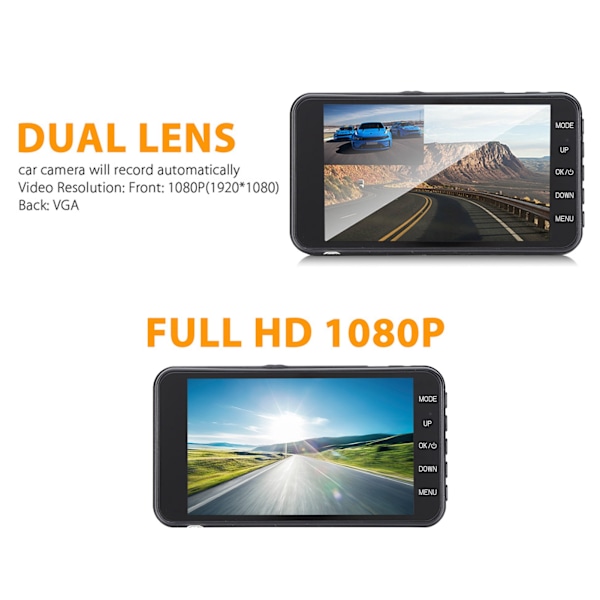 Högupplöst Dash Cam, Dubbel Bilkamera med WDR och Stor Skärm för Ultra HD Dash Cam för Bilar, Vidvinkelobjektiv, WiFi & App Smart Kontroll, och