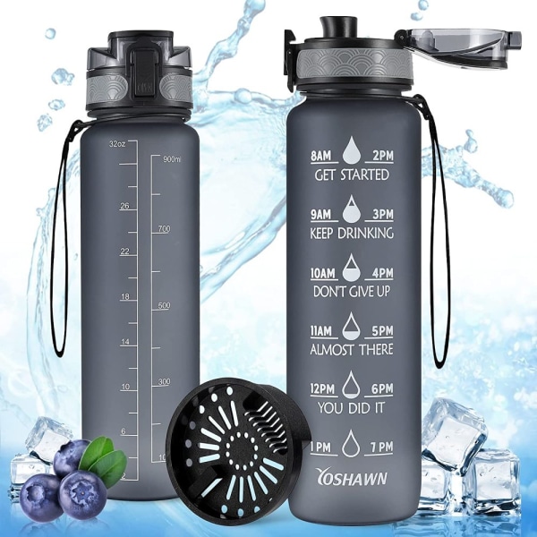 Vattenflaska - 1 liter återanvändbar vattenflaska, Tritan sportvattenflaska i plast utan BPA, med filter och tidsmärke