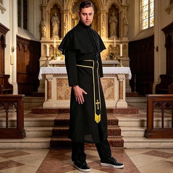 Præstekostumesæt, mænds hovedrolle, præstekjole, velegnet til Halloween rollespilsfester Størrelse M Size M