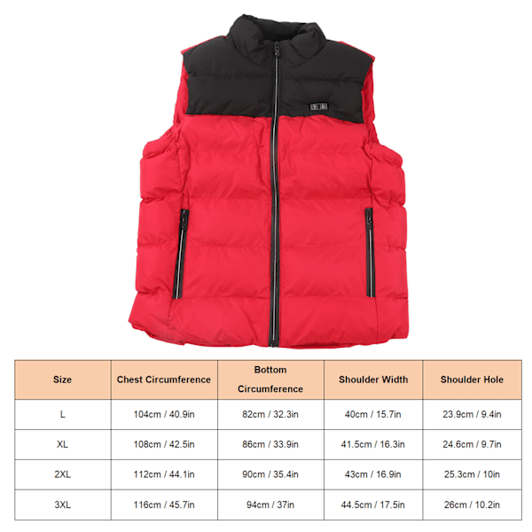Elektrisk uppvärmd väst Svart Röd 15 Värmezoner USB Polyesterfiber Överhettningsskydd Uppvärmda kläder för utomhus L