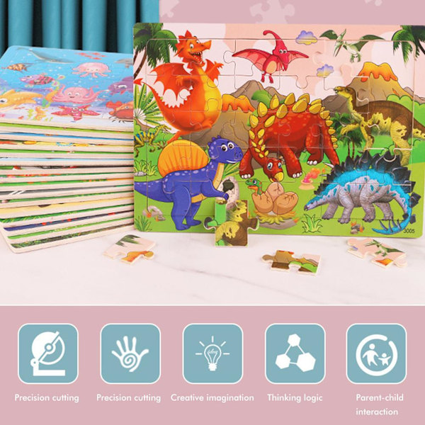 6 Set 30 st Träpussel för Barn Djur Dinosaurier Tecknade Pussel Förskola Pedagogiska Leksaker Present till Pojkar Flickor