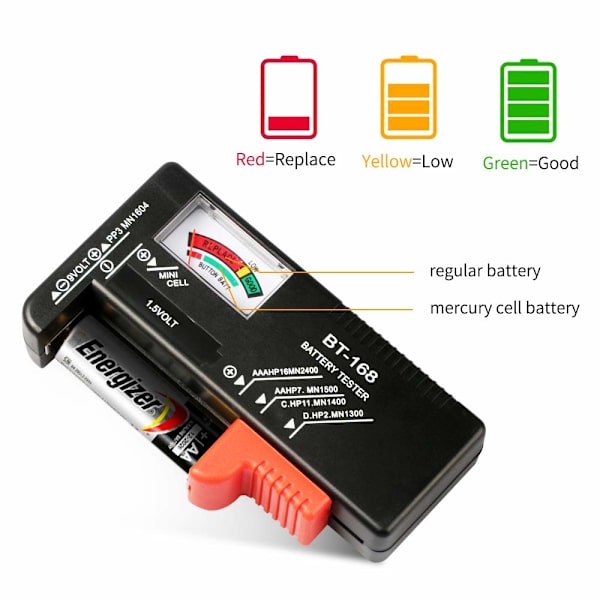 Batteritest, universell liten batteritest för AAA AA C D 9V 1,5V, knappcellsbatteritest - liten voltmätare för alla batterier