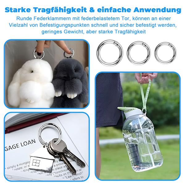 30-pack runda karbinhakar, O-ring fjäderkarbinhakar, liten nyckelring, fjäderhoppringar för nyckelkedja väska plånbok, hantverk, handväskor, silver