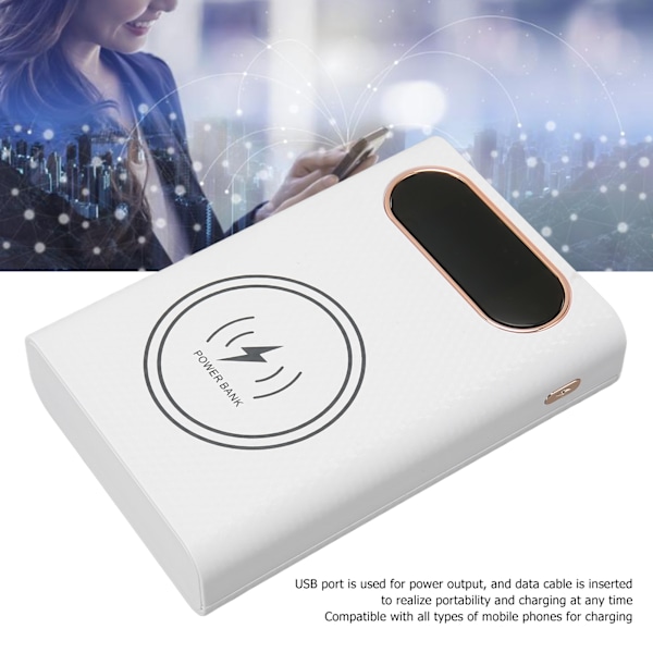 Powerbank-fodral, bärbar laddare för användning på språng, vit, dubbla USB-utgångar, tre ingångsportar, mångsidiga användningsområden, exceptionell kundsupport