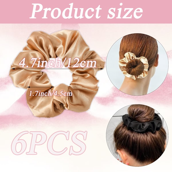 6 st Scrunchies för Kvinnor och Flickor, Satin Hårelastik Tjocka Hårsnoddar, Stora Scrunchies Mjuka och Silkeslena Scrunchies Hästsvanshållare Håraccessoarer