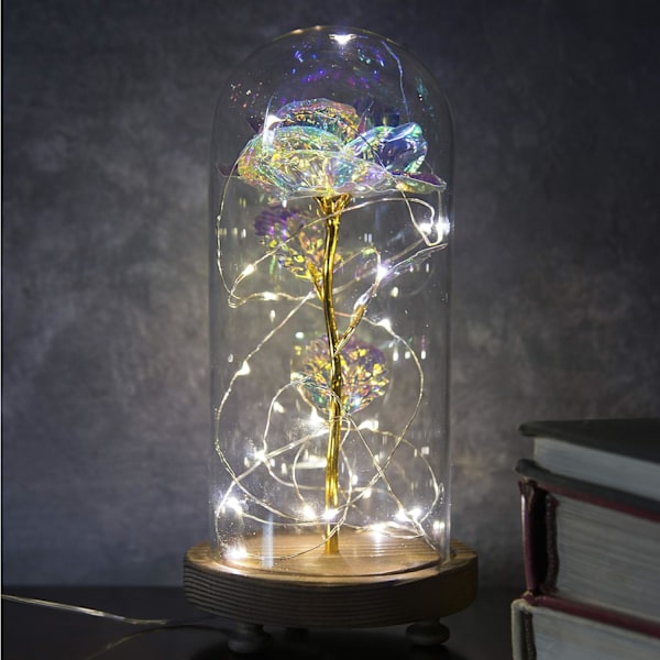 Halcyon Galaxy Rose i glaskupa - LED-ljusslinga på den färgglada blomman - förtrollad ros varar för evigt - Infinity Rose blomma gåva för bröllop,