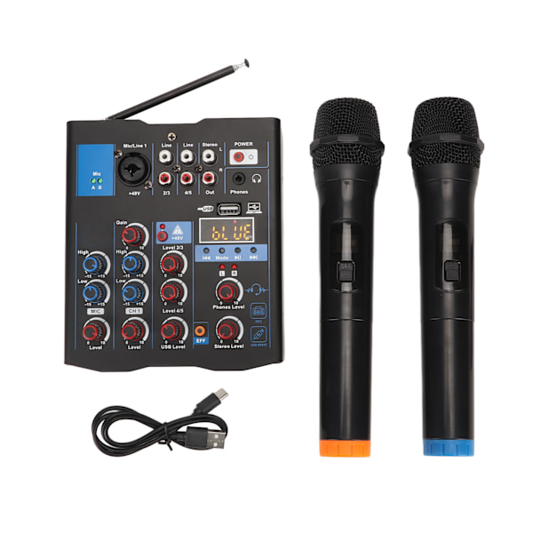 Dubbelmikrofon Mixer 4 Kanaler Liten Metall USB Bluetooth Mixningsbord med Trådlös Mikrofon för Live Streaming Karaoke