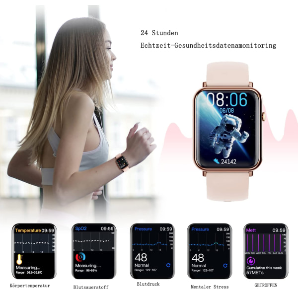 SmartWatch Fitness watch för kvinnor IP67 Vattentät, 1,69 tum HD Fitness Watch med pekskärm med blodsyre/puls