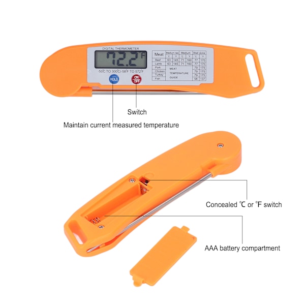 Digital Elektronisk Mattermometer Vikbart Intelligent Direktläsande Termometer för Matlagning Orange