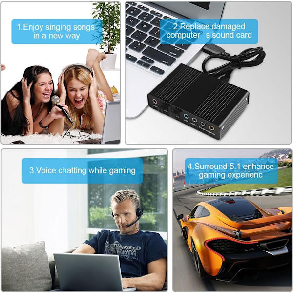 USB 2.0 Extern Ljudkort 6 Kanaler 5.1 Surround Optisk S/PDIF Ljudkort Adapter för PC Laptop Inspelning