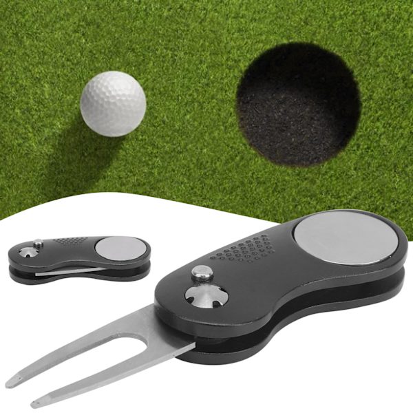 Hopfällbar golfgaffel i metall, grön, divot-reparationsverktyg, bärbar bollmarkör, golftillbehör, svart