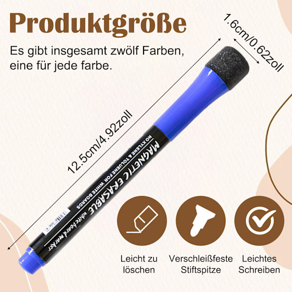 Whiteboard-markeringspenna, svamp whiteboard-penna, magnetisk whiteboard-svamp med penna, 2-i-1 pulver notebook-penna, 12 färger, torr torkning, lämplig för