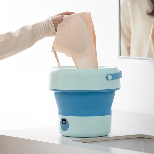 Mini tvättmaskin med vattenfilterkorg hopfällbar överlägsen fläckborttagning liten bärbar tvättmaskin för underkläder strumpor babykläder blå EU-kontakt