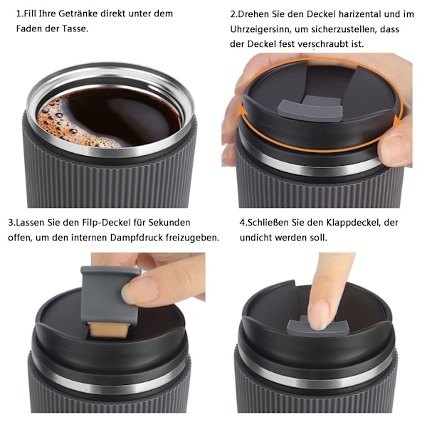 Återanvändbara kaffekoppar med lock, isolerad resemugg för varma och kalla drycker, dubbelväggig vakuumisolering, hälsosäkert material 304 rostfritt stål