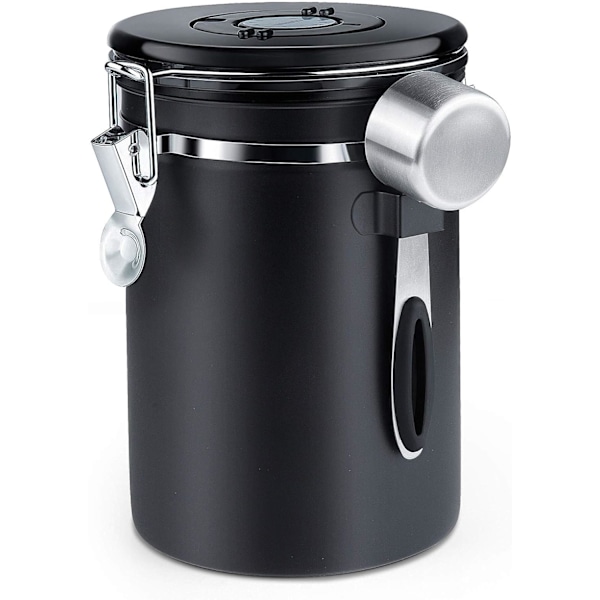 Lufttät kaffeburk - Kaffebönbehållare med CO2-ventil - med måttsked - 1,8 L (svart)