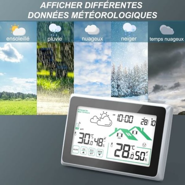 Trådlös väderstation, multifunktionsväderstation med utomhussensor, bakgrundsbelyst LCD-skärm väderprognosövervakning, inomhus och utomhus