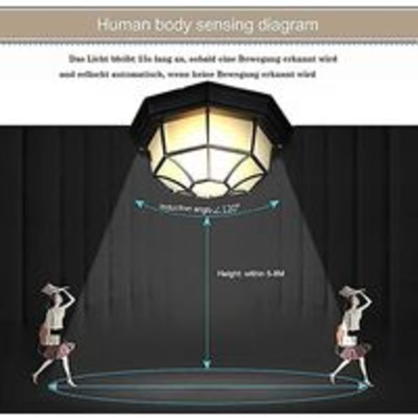 12W LED-utomhusbelysning, utomhusvägglampa med rörelsesensor, klassisk metall/glas, svart, utomhusbelysning, taklampa, utomhusbelysning, vit