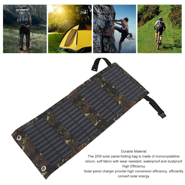 Fällbar Solpanel med USB-port 5.5V 20W Monokristallin Hög Effektivitet IP65 Vattentät för Utomhus Camping Kamouflage