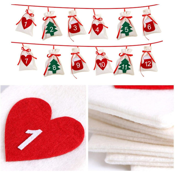 Julnedräkning Tyg Adventskalender 12 Dagar Nedräkning Jul Hängande Adventskalender Girlang för Godis Presentpåsar Säcker DIY Jul Fest