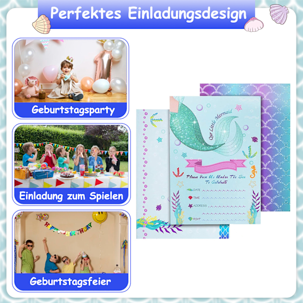 VULAVA 12x glitterinbjudningskort för fester och barnkalas - färgglad sjöjungfrudesign är inbjudan för flickor pojkar barn för