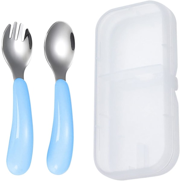 Barnbestick, gaffel- och set i rostfritt stål och set för barn (med låda) (blå)