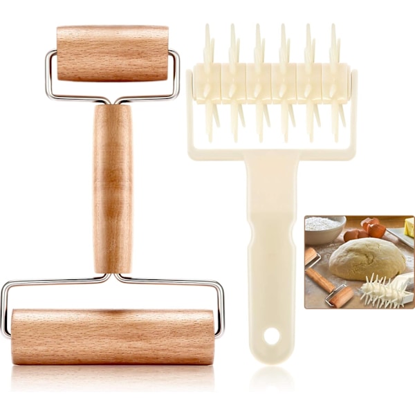 2 st Pizza Deg Roller & Deg Docker Set, Plast Deg Docker Bakverk Roller med Spikar Trä Kavel, Non-stick Pizza Roller för Pizza