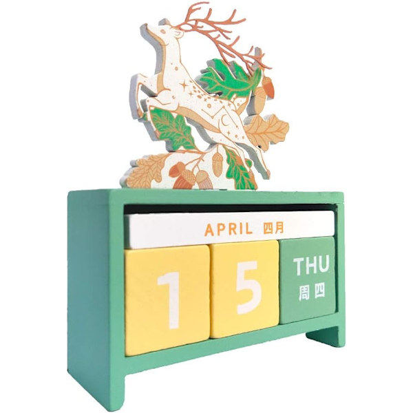 Trä skrivbord block kalender evig block månad datum vecka display för hem kontor inredning（Hjort) Grön