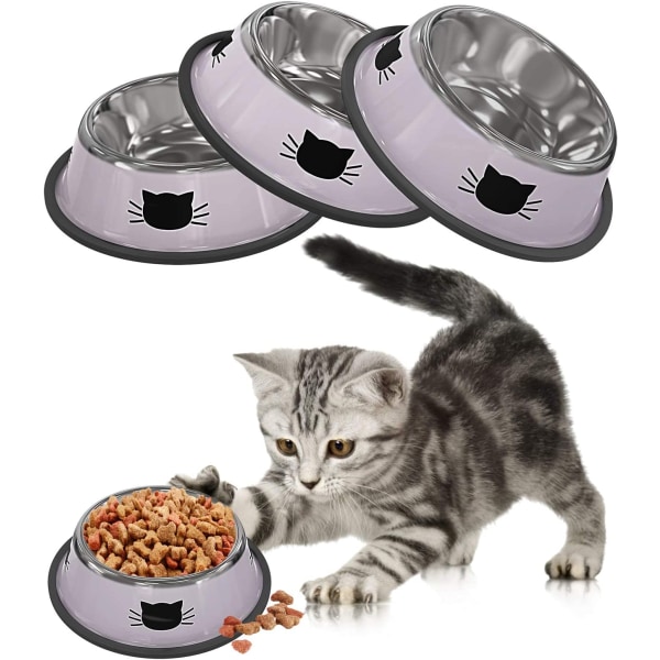 Matskål katt, 3 stycken, halkfri kattskål i rostfritt stål |