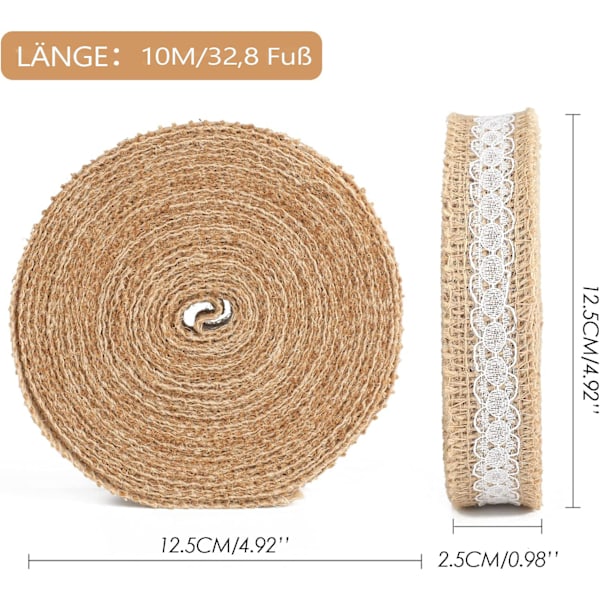 G2PLUS 10 m Juteband med spets, 2,5 cm Jute Stripe Dekorativt band, Perfekt för att dekorera bröllop, födelsedagar och mycket mer