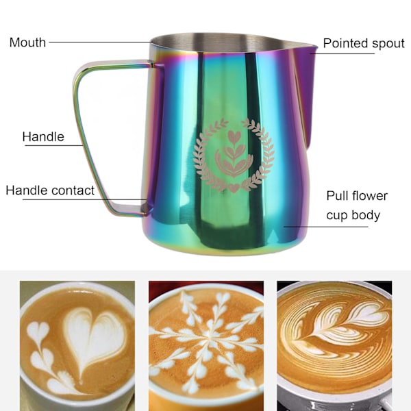 Mjölkskummare 304 Rostfritt Stål Drag Blomkopp Kaffe Mjölkskummare 600ml Spetsig Mun Färgglad