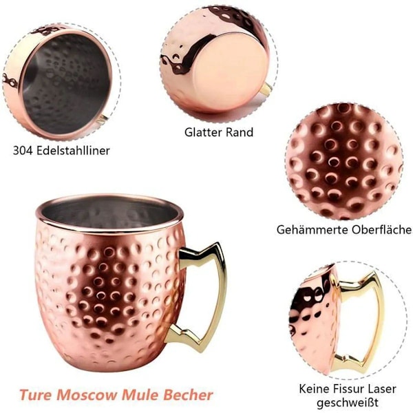 Moskva Mule-muggar i ren koppar, handgjorda, förstärker dryckens smak, rostbeständiga, lätta att rengöra, dekorativ mittpunkt, idealiska för cocktaildrinkar och öl