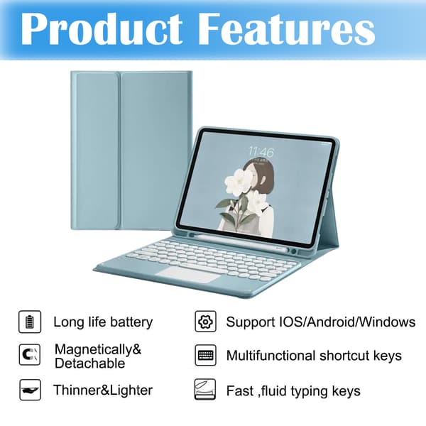Bluetooth-tastaturcover til iPad med runde taster og touch-tablet-etui Misty Blue ipadmini6