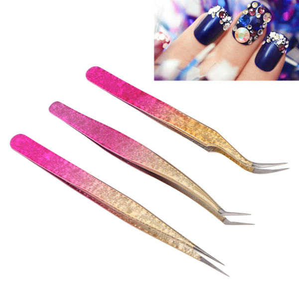 3 st nagelkonstpincett i rostfritt stål, raka böjda spetsar, manikyr, strass, tång, gradientfärg