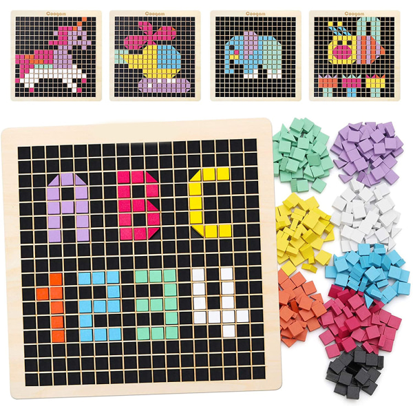 Mosaikpussel i trä, 370 st formmönsterblock med 8 färger, pixelbrädspel STEM Montessorileksaker Present för småbarn Barn Pojkar Flickor Ålder 4 5 6 7