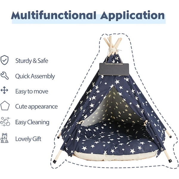 Elegant Djurtält Teepee för Hundar & Katter, Portabel Hundsäng med Halkfri Tjock Kudde, Högkvalitativt Tyg Valpar Lekhus Enkelt