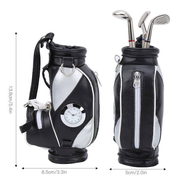 Minigolfklubba pennhållare klocka i zinklegering PU-läder med golfpennor souvenirset present svart silver