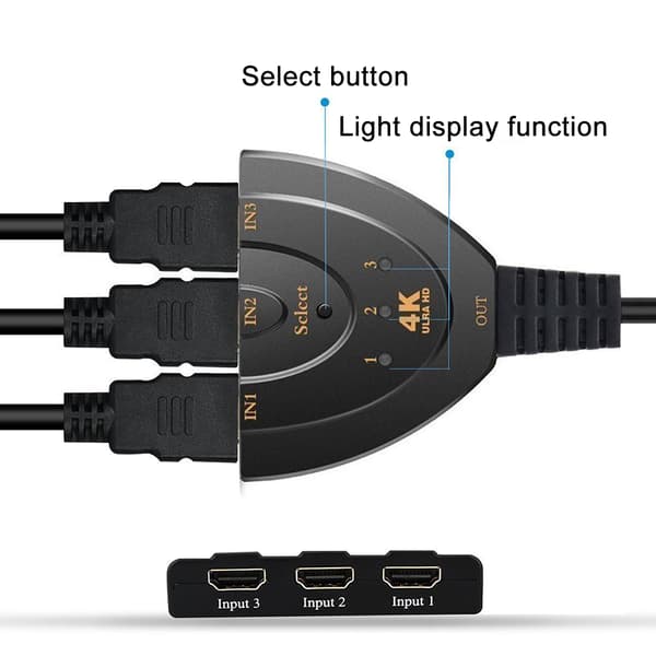 3 Port HDMI Switch, Plug And Play Ultra HD 4K Switch med Manuel Switching for Problemfri Underholdning