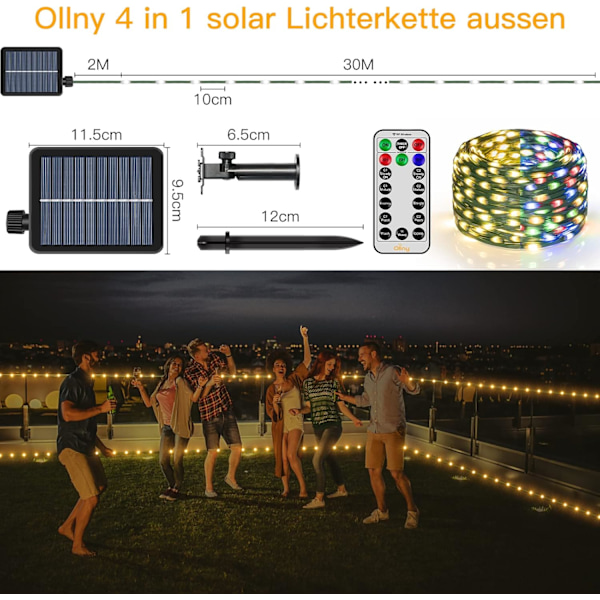 Solarslinga utomhus 100LED vattentät varmvit & flerfärgad solarslinga med timer och minne, används för innergård jul trädgård staket