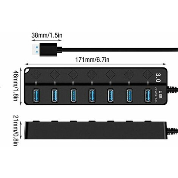 USB 3.0 Hubb, Multi 7 Port USB Strömförsörjning med Oberoende Strömbrytare, Drivna USB 3.0 Hubb, Flera USB Portar för PC, Laptop, MacBook, Mac Pro, Mac Mini,