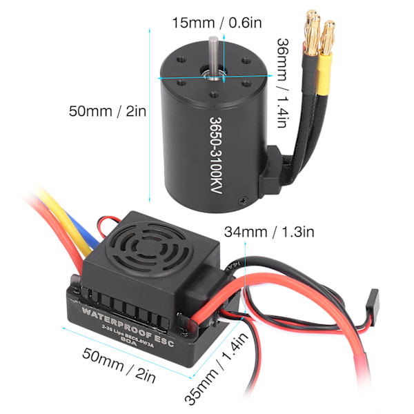 3650 Vattentät 3100KV Borstlös Motor 60A Borstlös ESC Delar Set för 1/10 RC Bil