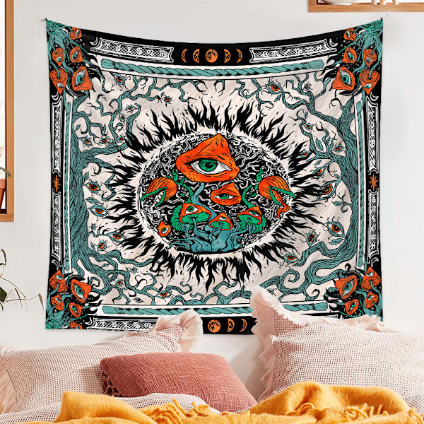 Svampar Gobeläng Brinnande Sol Väggduk Hippie Ögon Vägg Hängande Mandala Rankor Gobeläng Måne Gobelänger Estetisk för Sovrum, 200 x 150 cm