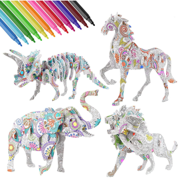 3D- set, 4 djur målarpussel med 12 pennmärken, kreativitet DIY-present för pojkar, flickor i åldern 8-12 år, barn
