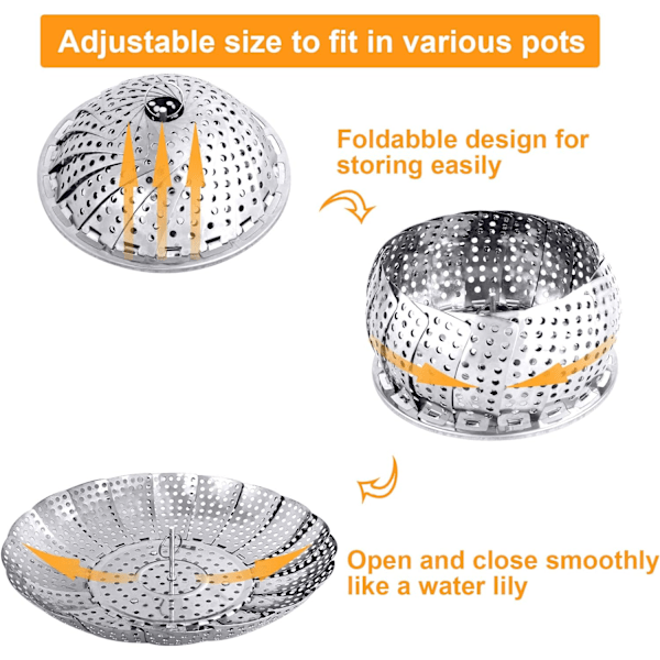Ångkokare i rostfritt stål, hopfällbar ångkokare, insats för ångkokare, hopfällbar ångkokare för matlagning,