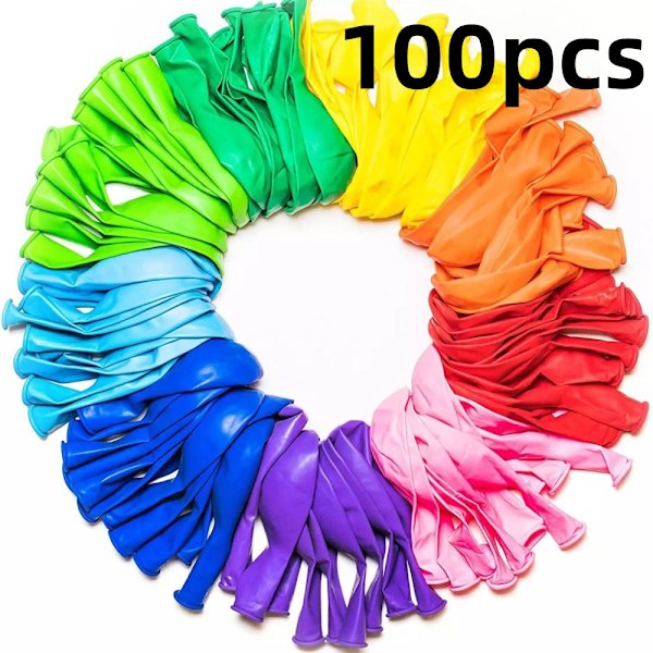 Ballonger, 100-pack, Regnbågsset 12 tum, Blandade ljusa färger, Tillverkade av starkt flerfärgad latex, För helium eller luft. Barnkalas
