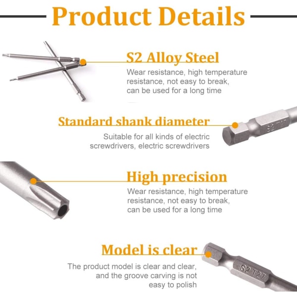 11 st 100mm S2 1/4 tum Torx skruvmejselbitar Precision Hex Shank Borrbit Säkerhet Magnetisk skruvmejsel T6-T40 Torx Lång huvud skruvmejsel