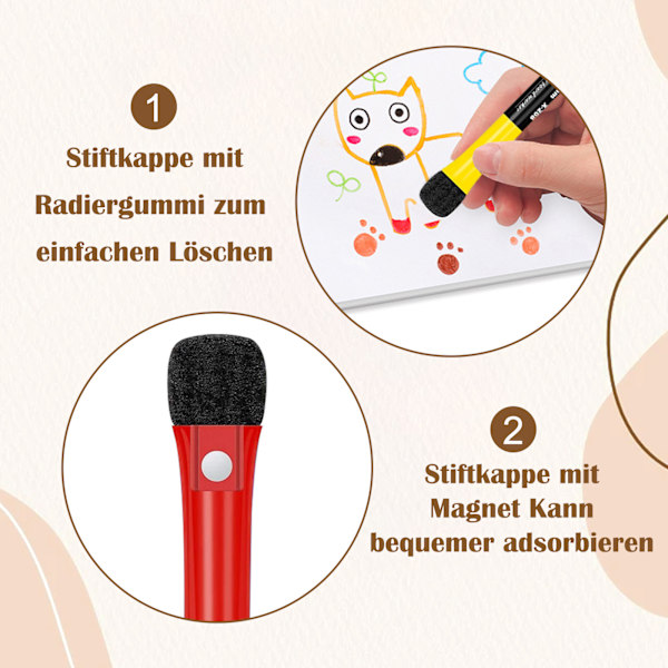 Whiteboard-markeringspenna, svamp whiteboard-penna, magnetisk whiteboard-svamp med penna, 2-i-1 pulver notebook-penna, 12 färger, torr torkning, lämplig för