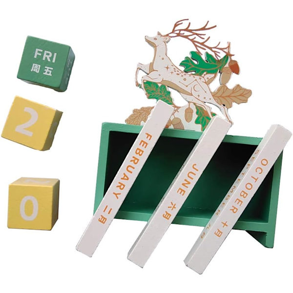 Trä skrivbord block kalender evig block månad datum vecka display för hem kontor inredning（Hjort) Grön